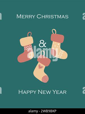 Biglietti d'auguri per Capodanno e Natale. Cartoline per le vacanze Illustrazione Vettoriale