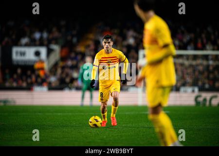 Pedri, giocatore spagnolo del Barcellona in azione durante una partita di campionato allo stadio Mestalla, Valencia, Spagna. Foto Stock