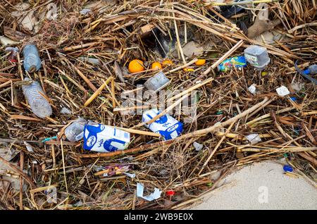 Rifiuti di plastica, frutta e vegetazione morta in generale e detriti lavati su una spiaggia sabbiosa sul Mar Mediterraneo in Tunisia. Foto Stock