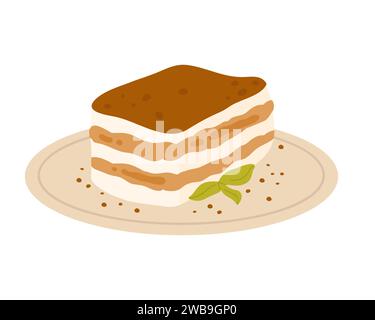 Tiramisù italiano al piatto. Dolce tradizionale italiano, cartoni animati con torta italiana illustrazione vettoriale Illustrazione Vettoriale