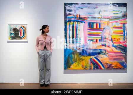 Londra, Regno Unito. 9 gennaio 2024. Persephone, 2023 e Right to Be Forgotten, 2023 - la mostra personale di Copperwhite Onomatopoeia alla Flowers Gallery, Cork Street, dal 10 al 17 febbraio. Copperwhite è uno dei pochi artisti astratti irlandesi. Una selezione di nuovi dipinti segna un'estensione del suo uso dell'astrazione per esplorare nozioni di memoria e percezione contro il caos visivo della vita del ventunesimo secolo. Crediti: Guy Bell/Alamy Live News Foto Stock