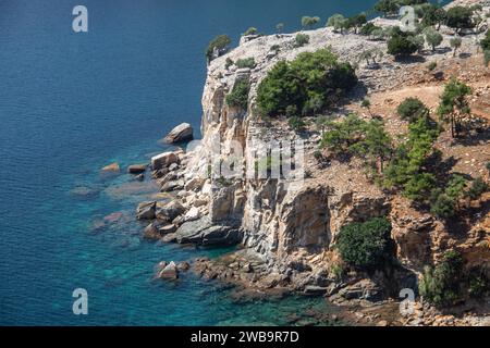 Scogliera bianca sul mare blu con piccola vegetazione in cima, scena molto attraente e pittoresca Foto Stock