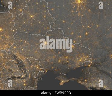Vista satellitare notturna dell'Ucraina, del Mar Nero e dei confini. Luci della città e della strada. Elementi di questa immagine sono forniti dalla NASA Foto Stock