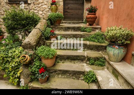 Scale con fiori a Lucéram, un villaggio nel dipartimento delle Alpi marittime, nel sud-est della Francia Foto Stock