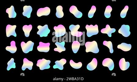 Icone vettoriali di forme di blob astratte olografiche. Set di forme libere sfumate colorate su sfondo nero Illustrazione Vettoriale