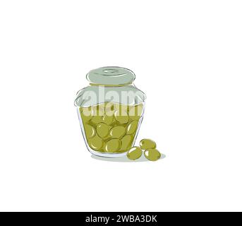 Olive verdi in scatola in un barattolo illustrativo vettoriale. Olive nere marinate o sottaceto con pietra in latta. Isolato su sfondo bianco Illustrazione Vettoriale