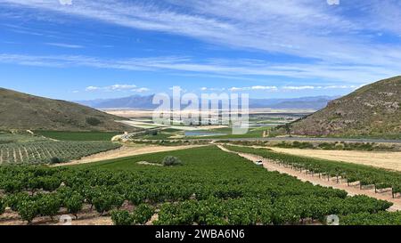 Una vista panoramica di una lussureggiante valle verde, circondata da colline ondulate, e caratterizzata da un tranquillo fiume che la attraversa Foto Stock