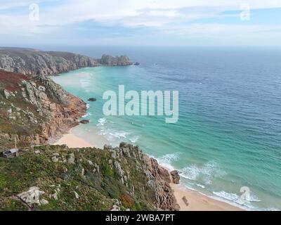 Porthcurno Beach Cornwall UK drone, aereo, vista dall'alto Foto Stock