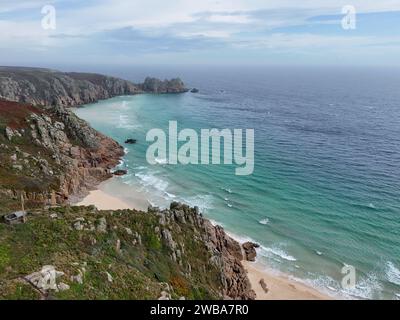 Porthcurno Beach Cornwall UK drone, aereo, vista dall'alto Foto Stock