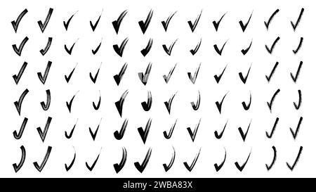 Set di segni di spunta disegnati a mano con pennello. Raccolta di segni di spunta per il doodle a mano. Schizzi a forma di matita nera isolati sul retro bianco Illustrazione Vettoriale