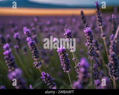 Campi di lavanda al tramonto in Provenza, Francia - uno spettacolo mozzafiato che cattura la bellezza della natura nella sua forma più serena. Illustrazione Vettoriale