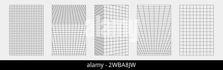 Wireframe astratti, elementi cyberpunk e griglie e sfere nere prospettiche. Set futuristico dal design geometrico surreale. Forme y2k psichedeliche. Rave Illustrazione Vettoriale