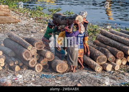 I portatori trasportano tronchi pesanti sulle rive del fiume Buriganga a Dacca in Bangladesh Foto Stock