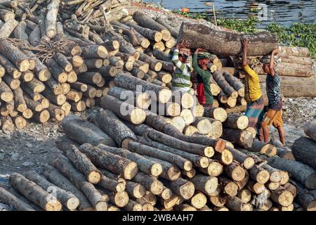 I portatori trasportano tronchi pesanti sulle rive del fiume Buriganga a Dacca in Bangladesh Foto Stock