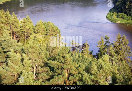 Due funivie in aria sul fiume e alberi con vista sullo sfondo dall'alto Foto Stock