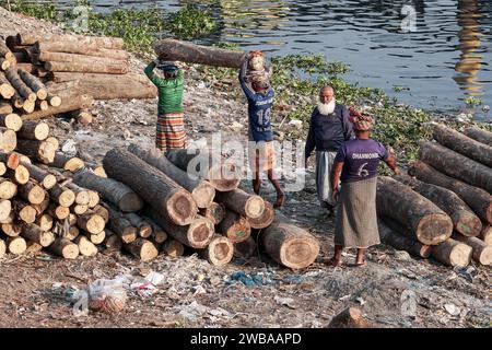 I portatori trasportano tronchi pesanti sulle rive del fiume Buriganga a Dacca in Bangladesh Foto Stock