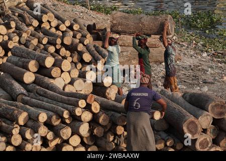 I portatori trasportano tronchi pesanti sulle rive del fiume Buriganga a Dacca in Bangladesh Foto Stock