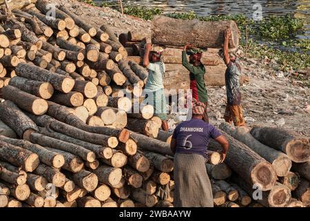 I portatori trasportano tronchi pesanti sulle rive del fiume Buriganga a Dacca in Bangladesh Foto Stock