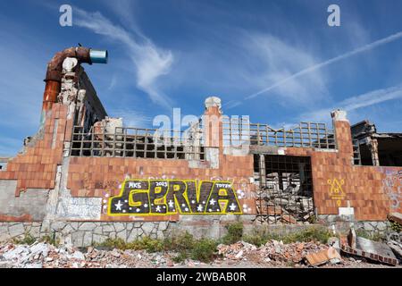 Vecchia fabbrica abbandonata coperta di graffiti nel nord della Spagna Foto Stock