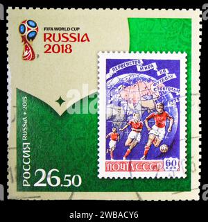 MOSCA, RUSSIA - 17 NOVEMBRE 2023: Il francobollo stampato in Russia mostra la Russia nella Coppa del mondo FIFA - 1958 francobollo, serie, circa 2015 Foto Stock