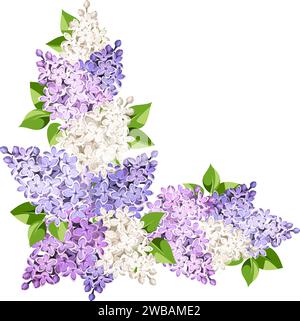 Sfondo angolare con fiori lilla viola, rosa e bianca e foglie verdi. Bordo floreale vettoriale Illustrazione Vettoriale