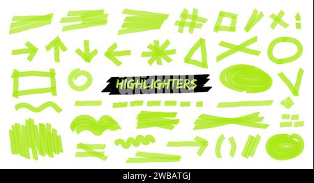 Sottolineature del pennello verde neon. elementi isolati. Illustrazione Vettoriale