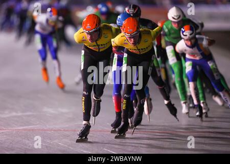 Winterswijk, Paesi Bassi. 9 gennaio 2024. WINTERSWIJK, PAESI BASSI - 9 GENNAIO: Durante la KNSB First Marathon on Natural Ice, il 9 gennaio 2024 a Winterswijk, Paesi Bassi. (Foto di Ben Gal/Orange Pictures) credito: dpa/Alamy Live News Foto Stock