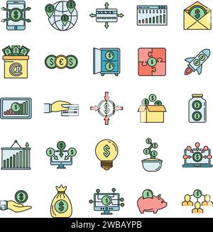 Set di icone della piattaforma di social crowdfunding. Delinea il set di icone vettoriali della piattaforma di social crowdfunding con linee sottili di colore piatto su bianco Illustrazione Vettoriale