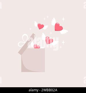 Cuori rosa alati che volano da una confezione regalo aperta su uno sfondo beige. Illustrazione vettoriale di San Valentino in stile piatto Illustrazione Vettoriale