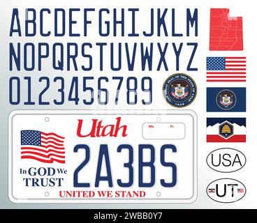 Modello di targa per auto nello Utah, lettere, numeri e simboli, illustrazione vettoriale, USA, Stati Uniti d'America Illustrazione Vettoriale