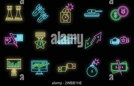 Set di icone per la guerra economica e commerciale. Serie di icone vettoriali di guerra commerciale economica colore neon su nero Illustrazione Vettoriale