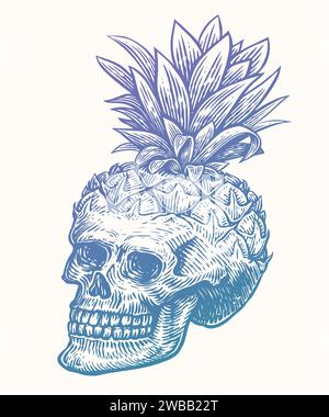 Ananas del cranio umano disegnato a mano con foglie. Illustrazione vettoriale di schizzo vintage Illustrazione Vettoriale