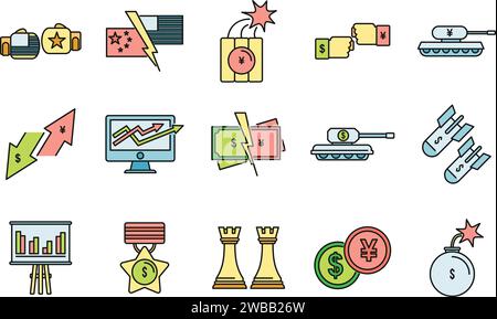 Set di icone per la guerra economica e commerciale. Serie di icone vettoriali per la guerra commerciale economica colore sottile piatto su bianco Illustrazione Vettoriale