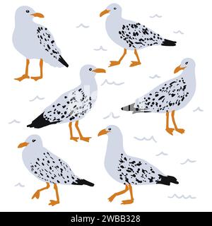 Collezione di gabbiani. Illustrazione vettoriale di gabbiani cartoni animati uccelli in diverse azioni: In piedi, saltando, correndo, camminando. Isolato su bianco. Illustrazione Vettoriale
