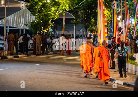 Colombo, Sri Lanka. 6 febbraio 2023. Una grandiosa processione festosa di artisti in costumi nazionali, elefanti piumati e persone religiose a Colombo Foto Stock