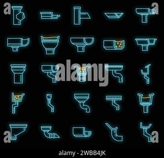 Set di icone di drenaggio dei gocciolatoi. Delinea il set di icone vettoriali di drenaggio dei gocciolatoi colore neon sul nero Illustrazione Vettoriale