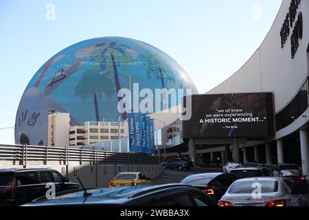 Las Vegas, Stati Uniti. 9 gennaio 2024. Una vista della nuova sfera MSG il primo giorno del CES internazionale 2024, presso il Venetian Convention Center di Las Vegas, Nevada martedì 9 gennaio 2024. Foto di James Atoa/UPI credito: UPI/Alamy Live News Foto Stock