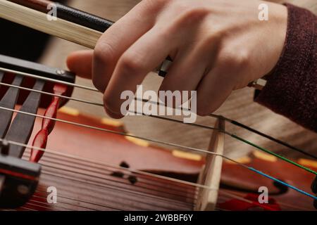 L'interazione intima del musicista con il Nyckelharpa, che mostra la complessità e la bellezza di questo strumento storico Foto Stock