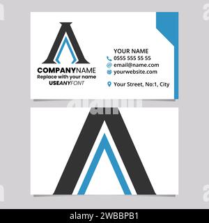 Modello di biglietto da visita blu e nero con icona con logo Spiky Letter A su sfondo grigio chiaro Illustrazione Vettoriale