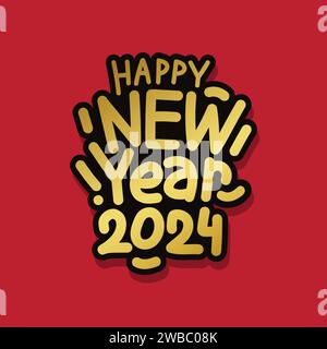 Felice anno nuovo 2024 con elegante logo in color oro per festeggiare il nuovo anno 2024. Modello anno nuovo, poster, biglietto d'auguri, banner, poster. Felice Illustrazione Vettoriale