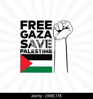 Free Gaza , Save Palestine modello tipografico vettoriale con mani di resistenza. Carta da parati con bandiera palestinese, volantino, striscione. Freedom for Gaza t shirt Illustrazione Vettoriale