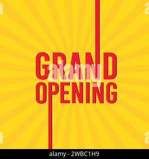 Banner inaugurale, poster, volantino, design modello. Design pubblicitario per l'illustrazione vettoriale dei social network. Modello di invito alla grande apertura. Illustrazione Vettoriale