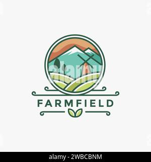 Modello vettoriale con logo paesaggio fattoria colorato Illustrazione Vettoriale