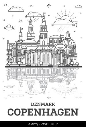 Delinea lo skyline della città di Copenaghen in Danimarca con edifici storici e riflessi isolati su bianco. Illustrazione vettoriale. Copenhagen Cityscape. Illustrazione Vettoriale