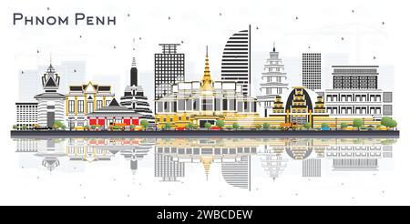 Phnom Penh Cambodia City Skyline con edifici colorati e riflessi isolati sul bianco. Illustrazione vettoriale. Illustrazione Vettoriale