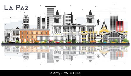 La Paz, skyline della città di Bolivia con edifici colorati e riflessi isolati sul bianco. Illustrazione vettoriale. Illustrazione Vettoriale