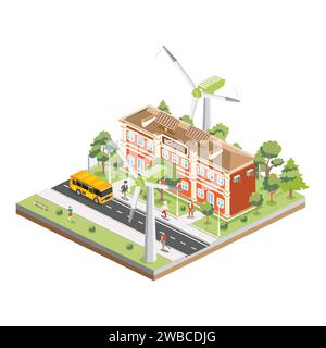 Edificio scolastico isometrico con pannelli solari e turbine eoliche isolate su sfondo bianco. Illustrazione vettoriale. Trees and Road. L'uomo va alla scuola Illustrazione Vettoriale