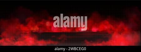 Effetto di sovrapposizione fumé rosso su sfondo nero. Illustrazione vettoriale realistica di fuoco caldo astratto e nuvole di fiamma all'inferno, polvere di vernice spruzzata nell'aria, potere magico, design spettrale dell'atmosfera di Halloween Illustrazione Vettoriale