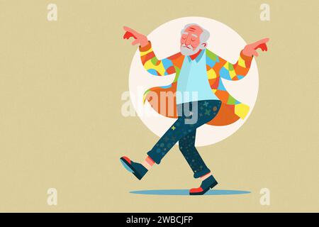 happy living life concept, anziani che ballano per strada, cartoni animati, design minimalista Foto Stock