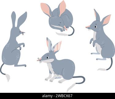 Collezione di bilbie australiane. Carino mammifero selvatico. Illustrazione vettoriale in stile piatto. Roditori isolati fauna australiana Illustrazione Vettoriale